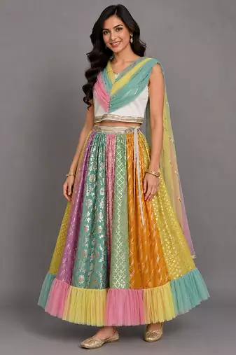 Multicolor Embroidered Chanderi Lehenga Set