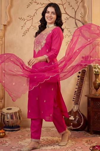 Women Ethnic Motifs Embroidered Regular Sequinned Kurta with Trousers & With Dupatta