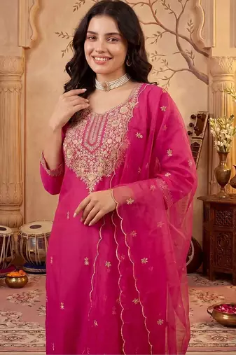 Women Ethnic Motifs Embroidered Regular Sequinned Kurta with Trousers & With Dupatta