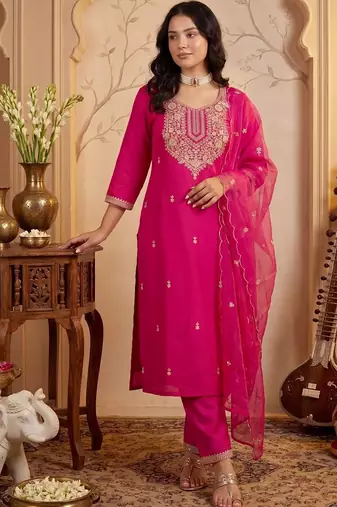 Women Ethnic Motifs Embroidered Regular Sequinned Kurta with Trousers & With Dupatta