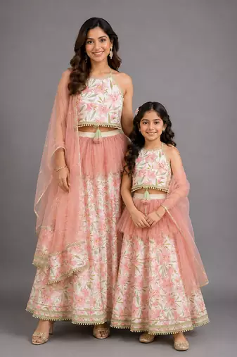 Ivory Peach Printed Cotton Silk Lehenga Set