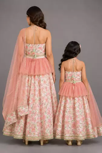 Ivory Peach Printed Cotton Silk Lehenga Set