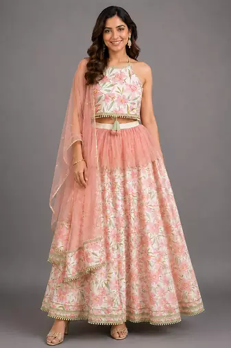 Ivory Peach Printed Cotton Silk Lehenga Set