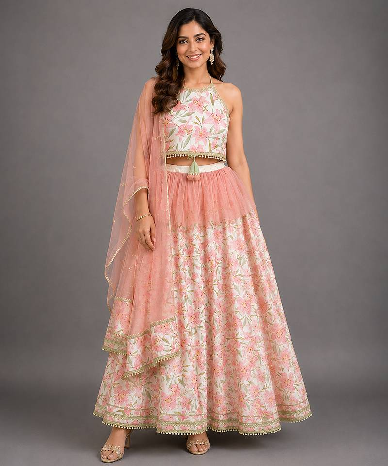 Ivory Peach Printed Cotton Silk Lehenga Set