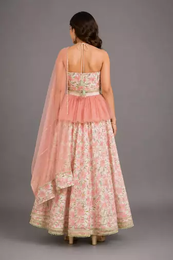 Ivory Peach Printed Cotton Silk Lehenga Set