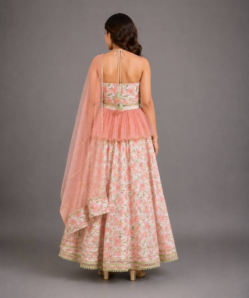 Ivory Peach Printed Cotton Silk Lehenga Set