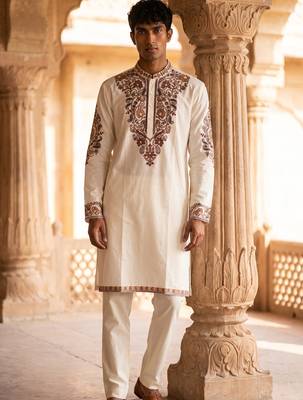 roman silk fabric embroidery mens designer party wear kurta pajama. 1