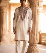 roman silk fabric embroidery mens designer party wear kurta pajama.
