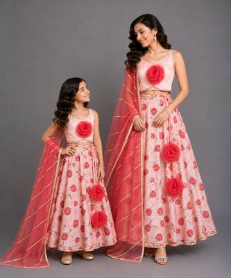 Baby Pink Printed Chanderi Lehenga Set 1