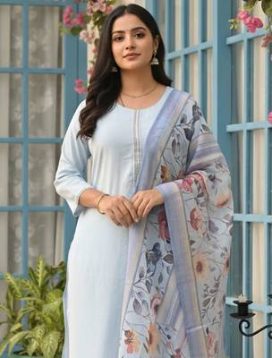 Roun Neck Straight Kurta With Trousers & With Dupatta 2