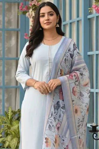 Roun Neck Straight Kurta With Trousers & With Dupatta