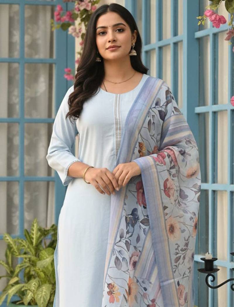 Roun Neck Straight Kurta With Trousers & With Dupatta