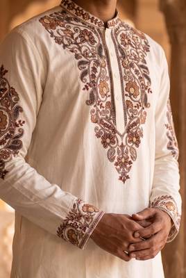 roman silk fabric embroidery mens designer party wear kurta pajama. 2