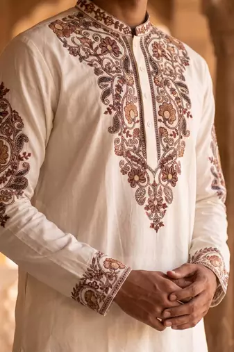 roman silk fabric embroidery mens designer party wear kurta pajama.