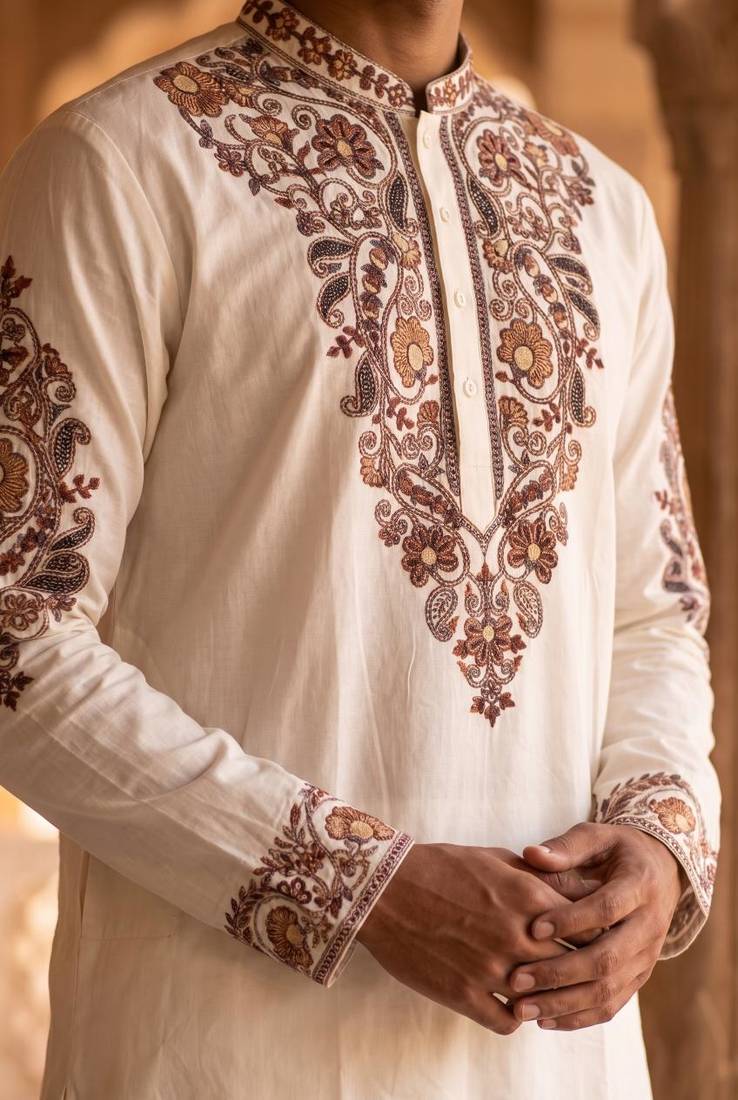 roman silk fabric embroidery mens designer party wear kurta pajama.