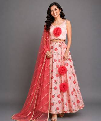 Baby Pink Printed Chanderi Lehenga Set 2