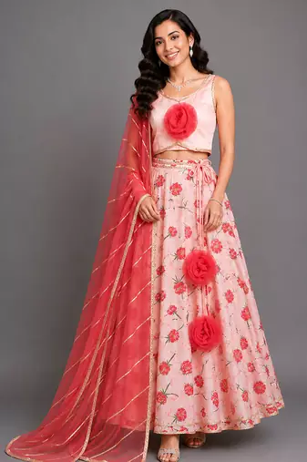 Baby Pink Printed Chanderi Lehenga Set