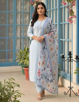 Roun Neck Straight Kurta With Trousers & With Dupatta 1