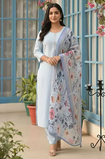 Roun Neck Straight Kurta With Trousers & With Dupatta