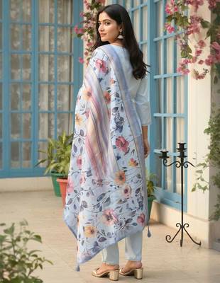 Roun Neck Straight Kurta With Trousers & With Dupatta 4