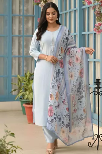 Roun Neck Straight Kurta With Trousers & With Dupatta