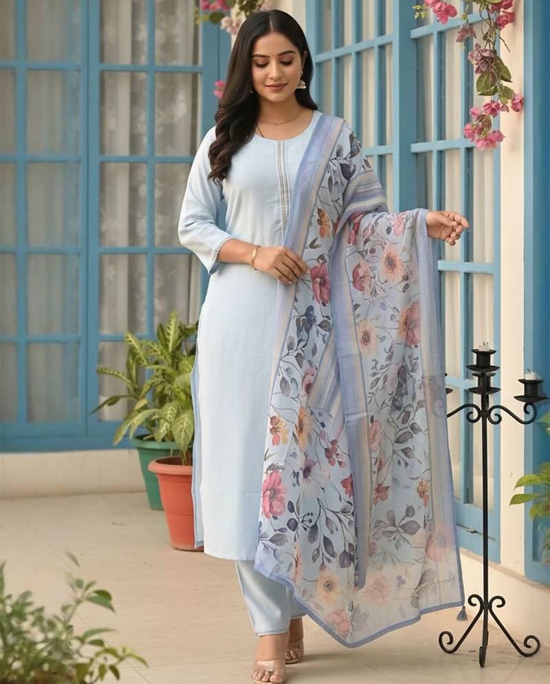 Roun Neck Straight Kurta With Trousers & With Dupatta