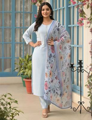 Roun Neck Straight Kurta With Trousers & With Dupatta 6