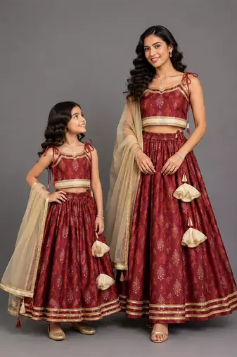 Maroon Embroidered Chanderi Lehenga Set