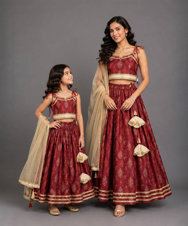 Maroon Embroidered Chanderi Lehenga Set