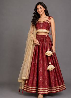 Maroon Embroidered Chanderi Lehenga Set 3