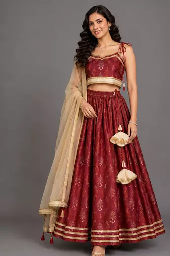 Maroon Embroidered Chanderi Lehenga Set