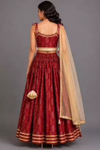 Maroon Embroidered Chanderi Lehenga Set