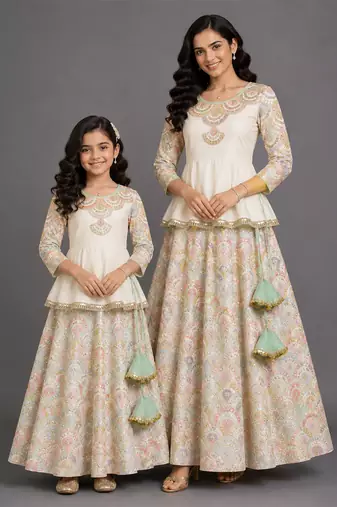 Off White Embroidered Cotton Silk Kurti Lehenga Set