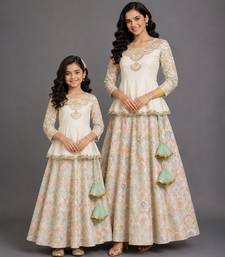 Off White Embroidered Cotton Silk Kurti Lehenga Set