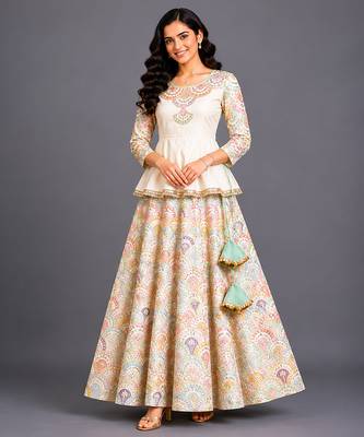 Off White Embroidered Cotton Silk Kurti Lehenga Set 2