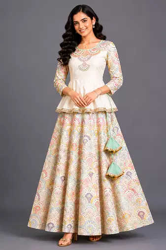Off White Embroidered Cotton Silk Kurti Lehenga Set