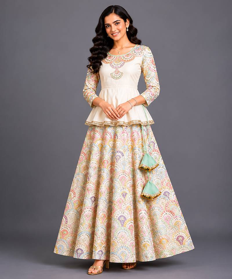 Off White Embroidered Cotton Silk Kurti Lehenga Set