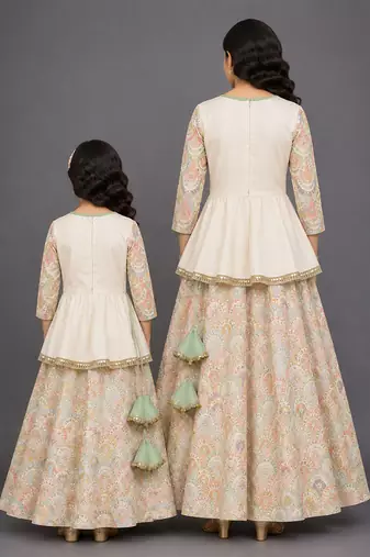 Off White Embroidered Cotton Silk Kurti Lehenga Set