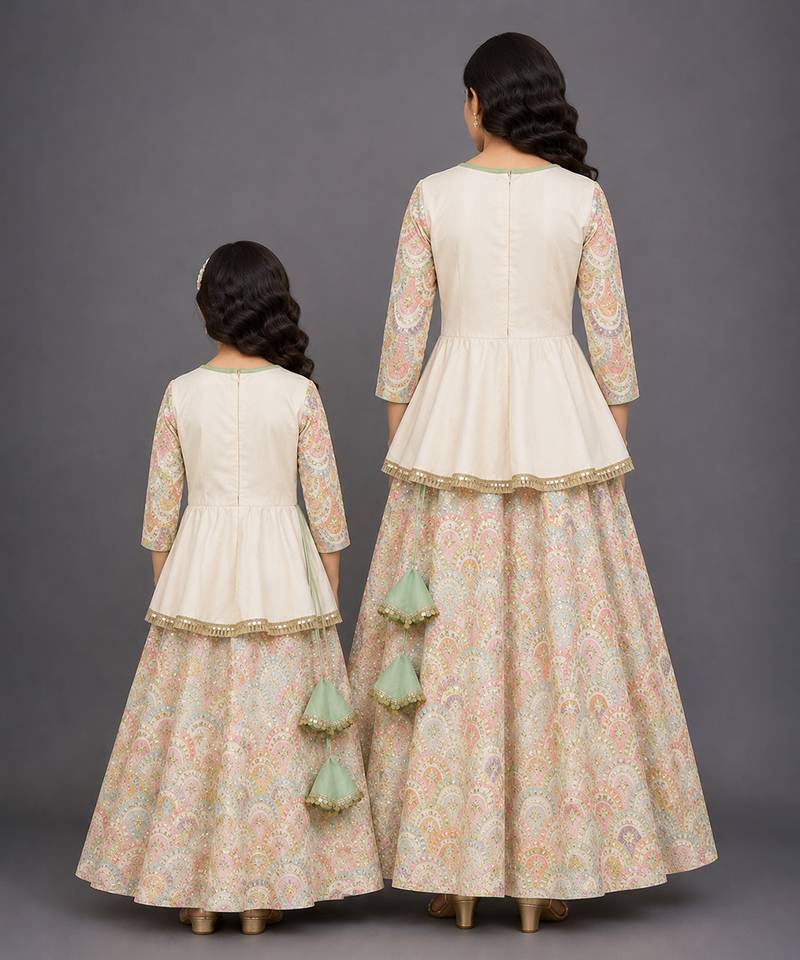 Off White Embroidered Cotton Silk Kurti Lehenga Set