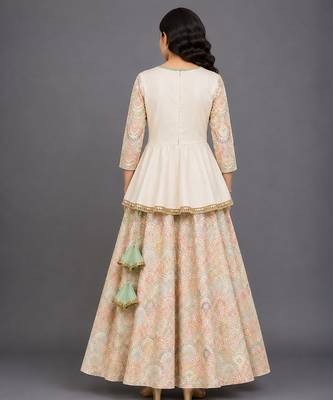 Off White Embroidered Cotton Silk Kurti Lehenga Set 4