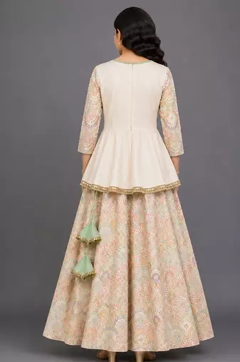 Off White Embroidered Cotton Silk Kurti Lehenga Set