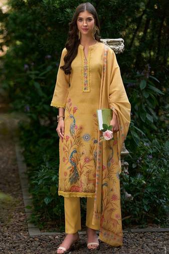 Women Floral Printed Regular Thread Work Linen Kurta with Trousers & With Dupatta