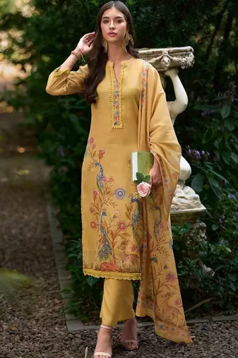 Women Floral Printed Regular Thread Work Linen Kurta with Trousers & With Dupatta