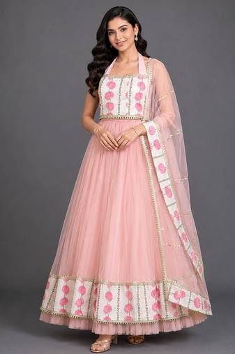 Blue Pink Printed Cotton Silk Lehenga Set