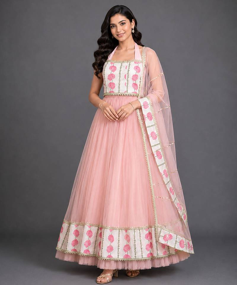 Blue Pink Printed Cotton Silk Lehenga Set