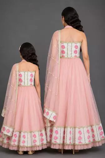 Blue Pink Printed Cotton Silk Lehenga Set