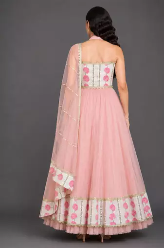 Blue Pink Printed Cotton Silk Lehenga Set