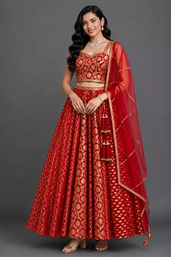 Deep Red Embroidered Chanderi Lehenga Set