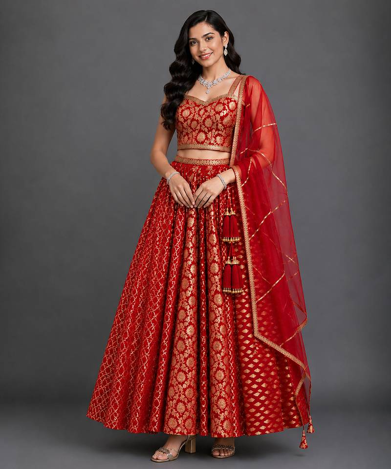 Deep Red Embroidered Chanderi Lehenga Set