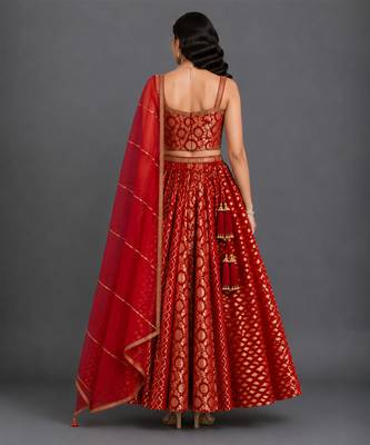 Deep Red Embroidered Chanderi Lehenga Set 4